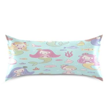 Imagem de Blueangle Linda fronha de cetim sereia para cabelo e pele, fronha de seda, tamanho king (50,8 x 101,6 cm) - Capas de almofada de cetim refrescantes com fecho de envelope (669)