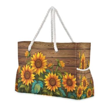 Imagem de ATTX Bolsas de Praia Girassóis em Tábua de Madeira para Mulheres - Bolsas de Praia Grandes com Zíper Impermeável À Prova de Areia Saco de Piscina Bolsa Grande #389