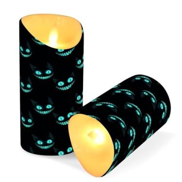 Imagem de Blueangle Pacote com 2 velas sem chama com textura de gato Cheshire com controle remoto e temporizador, velas LED cintilantes (7,6 cm x 9,9 cm) para decoração de casa, casamento, acampamento (704)