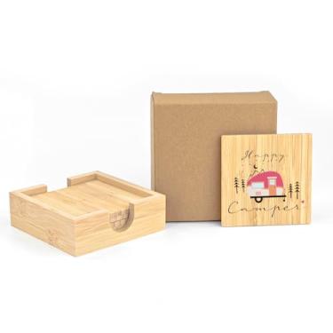 Imagem de Pacote com 3 bases de copos de madeira para sublimação, conjunto de 4 com suporte - Conjunto de porta-copos quadrados de madeira de 9,5 cm para copos de bebida, proteção de mesa para tipo de mesa