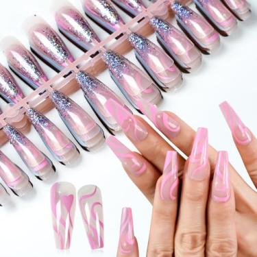 Imagem de 120 peças de unhas postiças longas pré-design rosa glitter francês kit de decoração de unhas para arte de unhas DIY, inclui 5 conjuntos de unhas, 5 adesivos de unha, 1 mini lima, 1 bastão de madeira