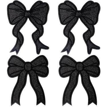 Imagem de Laço encantador preto em remendos, 4 peças aplique bordado com laço de glitter, lindo aplique de laço grande, decoração faça você mesmo, moletons com glitter bordado lateral para costura, jaqueta
