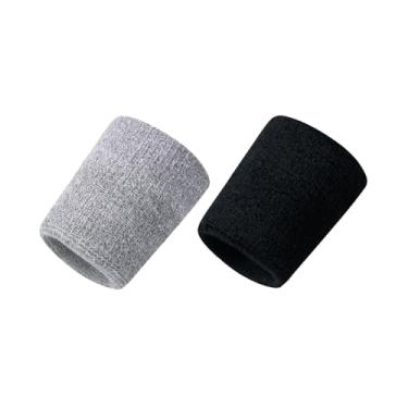 Imagem de 2 pares de faixas de transpiração de pulso absorventes respiráveis faixas elásticas esportivas de pulso para homens e mulheres esportes tênis academia malhar (preto + cinza)