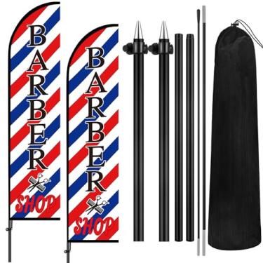 Imagem de VitalCozy Conjunto de 2 bandeiras de barbeiro com tema de barbearia de 2,1 m com kit de mastro bandeira de penas abertas placa de barbeiro sem vento banner de barbeiro para salão de beleza publicidade