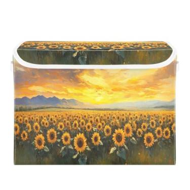 Imagem de CEBUGI Caixotes de armazenamento com tampas, caixa de armazenamento de tecido dobrável, girassóis, cubos de campo, caixas organizadoras para armário de casa, prateleiras de quarto, 40 x 30 x 30 cm