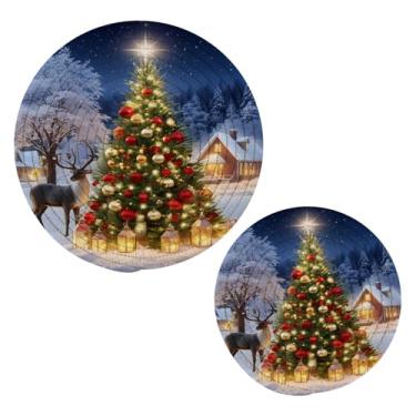 Imagem de Wassud Conjunto de bandeja de árvore de Natal com veado para pratos quentes, suportes de panela redondos, almofadas quentes de algodão, porta-copos elegantes, decoração de cozinha e acessórios, 2