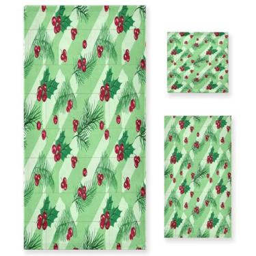 Imagem de Wassud Conjunto de 3 toalhas de banho com listras verdes de folhas de azevinho, toalhas super macias e absorventes para banheiro, toalhas de banho de secagem rápida, toalha de banho para academia, spa