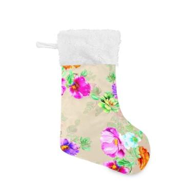 Imagem de Wassud Meia de Natal fofa com punho branco flores coloridas esboçadas 45,7 cm grande para decoração de lareira de lareira 1 pacote