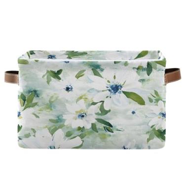 Imagem de Wassud Cesta de armazenamento com padrão floral branco para organizar caixa de armazenamento decorativa dobrável aberta para casa com alça organizador de tecido para armário e quarto, pacote com 2