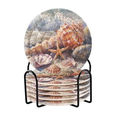 Imagem de Qilmy Conjunto de 6 peças de porta-copos de conchas de praia ou porta-copos de bar para bebidas, porta-copos de fazenda ou porta-copos de mesa rústicos, porta-copos modernos de algodão para o