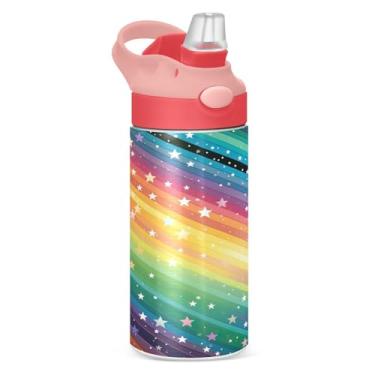 Imagem de Wassud Garrafa de água infantil isolada com tampas de palha, garrafas de água de aço inoxidável para crianças, 355 ml, listradas coloridas com estrelas