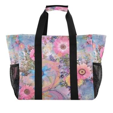 Imagem de Wassud Sacolas de compras reutilizáveis com flores, bolsa grande, impermeável, de lona, organizador de viagem para praia, piquenique, lavanderia