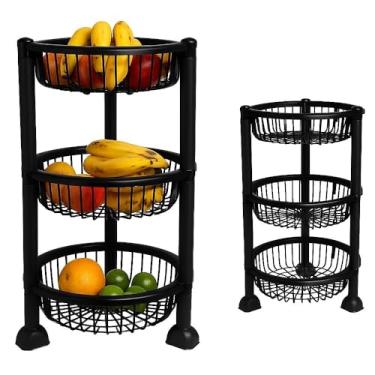 Imagem de ORGANIZADOR CHAO 3 PRATELEIRAS FRUTEIRA ANDARES ESTANTE MULTIUSO CESTO DESMONTAVEL REDONDA COZINHA BANHEIRO PRETA