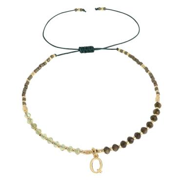 Imagem de Frigotine Pulseiras com inicial de pedra natural com contas douradas para mulheres e adolescentes, boêmio feito à mão verde escuro personalizado contas de pedra turquesa nome da letra pulseira
