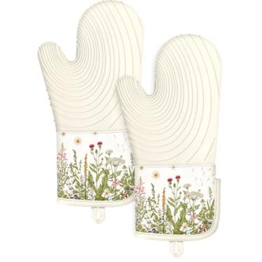 Imagem de Slohif Luvas de forno longas de silicone resistentes ao calor para mulheres - 2 peças de luvas de forno 100% algodão, luvas de forno de silicone antiderrapantes e impermeáveis com gancho para assar e