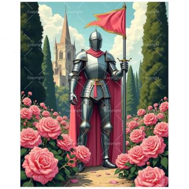 Imagem de Kit de pintura medieval Knight por números para adultos - DIY Armor Warrior with Roses Painting on Canvas 40 x 50 cm, conjunto de tinta acrílica, adequado para iniciantes, arte para decoração de casa