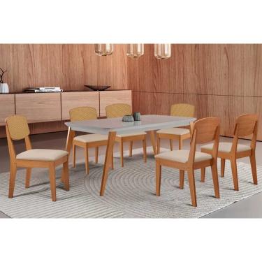 Imagem de Sala Jantar Mesa Havana Tampo c/ Vidro Curvo 180cm+6 Cadeiras Havana Naturale/Off White - Suede Creme - Rufato