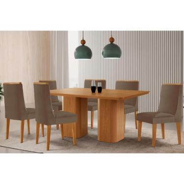Imagem de Sala Jantar Mesa Maldivas Tampo Curvo 180cm+6 Cadeiras Dakota Madeira Naturale - Capuccino/Suede Capuccino - Rufato