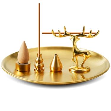 Imagem de Queimador de incenso de latão 5 em 1 – comporta bastões/bobinas/cones, 14 cm com apanhador de cinzas – para ioga, meditação e decoração de casa (veado + nove buracos + cabaça + gota de água + disco)