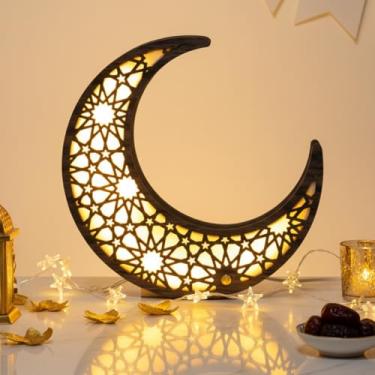 Imagem de Yookeer Luminária de mesa Eid Moon Crescent Night Light Decor Ramadan Mubarak Lâmpada em forma de lua USB Ramadã de madeira luzes LED decoração de mesa para muçulmanos islâmicos decoração de casa