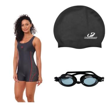 Imagem de Kit Natação Macaquinho Óculus Proteção UV e Touca Silicone Grande (Grafite - Óculos Preto, G)