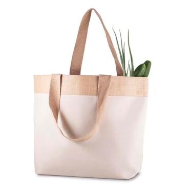 Imagem de Sacola em Algodão Cru com Detalhe em Juta, 34x48x15cm, Alça 24cm, 220g/m², Cor Natural