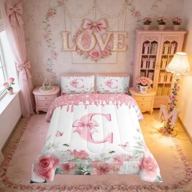 Imagem de Erosebridal Conjunto de edredom infantil com laço rosa, letra C, letra C, romântico, alfabeto rosa, reversível, 3 peças, decoração de quarto