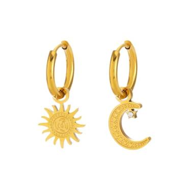 Imagem de Brincos com pingente de lua e sol assimétrico para mulheres, pingente de estrela de cristal crescente, brincos de argola pendurados na moda, acessórios de vestido de casamento para festa de