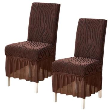 Imagem de Pacote com 2 capas de cadeira elásticas para sala de jantar, tecido jacquard listrado, capa protetora removível e lavável com saia de babados para cozinha, banquete, decoração de casamento, café