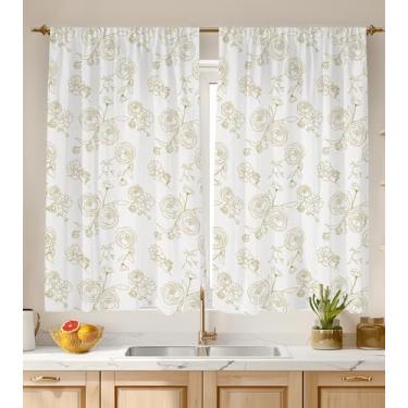 Imagem de Stanoha Cortinas de cozinha (2 peças) sobre a pia para janela do banheiro, café, cortinas para cocina, quinta, curta, mini cortina branca e dourada rosa flor elegante rústica moderna fofa - 66 × 119
