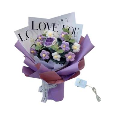 Imagem de MotiveTech Buquê de Crochê Finalizado, Arranjo de Flores Artificiais Tricotadas à Mão, Decoração para Casa, Centro de Mesa com Flores Artificiais, Feito com Fio, roxo, Tamanho real