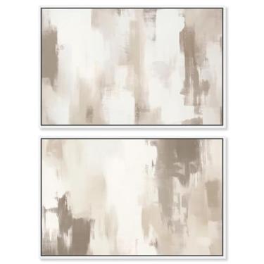 Imagem de Conjunto de 2 arte de parede de sala de estar com impressão em tela abstrata de luxo neutro da Art Remedy, moldura branca, 76 x 50 cm