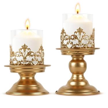 Imagem de HiSnug Castiçais Hurricane para velas de pilar - Castiçais de metal gótico com manga de vidro, 2 peças de castiçal decorativo vintage para mesa de jantar, decoração de casa, 2 peças, P + L, ouro