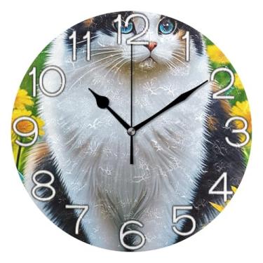 Imagem de GAIGEO Lindo gato branco preto decorativo relógio de parede analógico quarto cozinha relógio divertido alimentado por bateria, decoração de sala de estar, arte moderna, 25 cm, ponteiros dourados