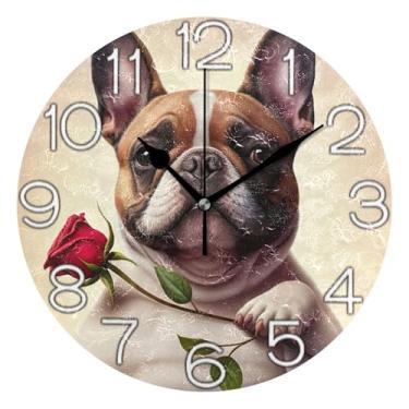 Imagem de GAIGEO Relógio de parede analógico decorativo relógio de cozinha rústico redondo sem tique-taque silencioso, decoração de parede vintage sala de estar buldogue rosa, 25 cm, ponteiros pretos