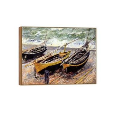 Imagem de Impressão em tela de parede famosa de Claude Monet pronta para pendurar - três barcos de pesca - pintura de moldura de madeira para decoração de sala de estar 40 x 50 cm 16 x 20 pol