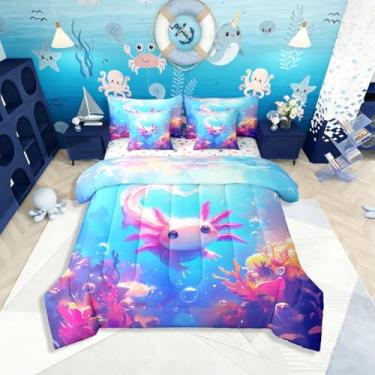 Imagem de Erosebridal Axolotl Conjunto de cama queen de coral, 7 peças, linda cama de salamandra em uma bolsa, conjunto de cama subaquática inclui edredom, conjunto de lençóis, fronhas e fronhas, decoração de