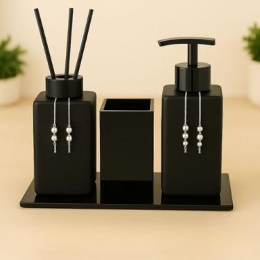 Imagem de Kit Lavabo Luxo Sabonete Líquido C/Porta Escovas e Aromatizante De Ambiente C/Bandeja(Preto Fosco C/Preto)