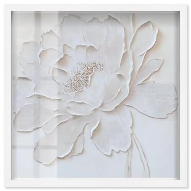 Imagem de White Peony in Relief Shadowbox Print Floral Wall Art por Art Remedy, moldura branca, 63 x 63 cm