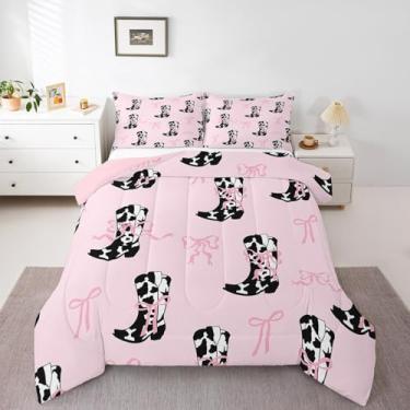 Imagem de Manfei Conjunto de edredom casal, com estampa de vaca e laço rosa, 3 peças, caubói ocidental fofo com laço e laço rosa, 2 fronhas, sem lençol