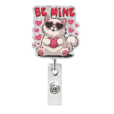 Imagem de Carretel de crachá de Dia dos Namorados, gato fofo segurando um suporte de crachá de coração rosa, desenhos engraçados de acrílico com clipe de jacaré retrátil para enfermeiros, assistentes médicos