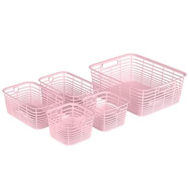 Imagem de Curver Conjunto de 5 cestas decorativas de plástico Aria de vários tamanhos para organização e armazenamento – caixas perfeitas para escritório em casa, prateleiras de armário, despensa de cozinha e