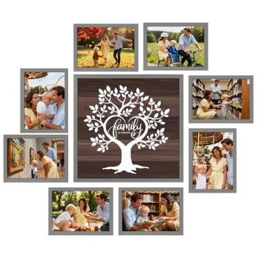 Imagem de Lyeasw Moldura de árvore genealógica cinza, pacote com 9, 8 molduras separadas 12 x 17 com uma moldura de árvore pré-projetada de 30 x 30 cm, conjunto de colagem para decoração de parede de família e