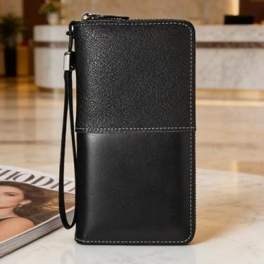 Imagem de Carteira masculina retrô preta com vários compartimentos de pressão de microfibra de cor sólida, design retrô preto com vários compartimentos com encaixe, microfibra de cor sólida, compartimentos para