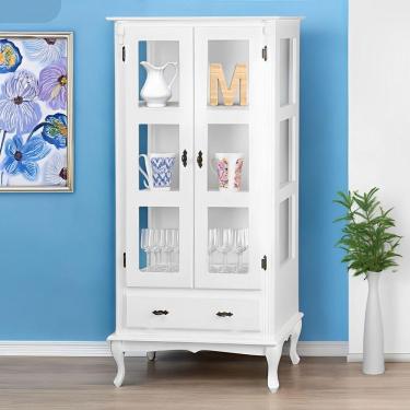 Imagem de Cristaleira De Madeira 2 Portas 1 Gaveta 2 Prateleiras Pés Luiz Xv - Branco Laca