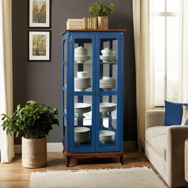 Imagem de Cristaleira De Madeira 2 Portas E Espelho Pés Luíz Xv - Azul Bic Com Tampo E Base Imbuia Glazer