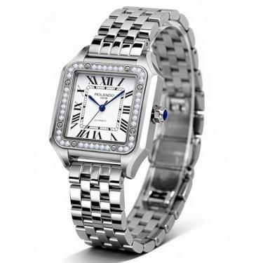 Imagem de Relógio feminino de luxo mecânico automático, relógio feminino quadrado de 33 mm, pulseira de couro italiano, algarismos romanos, cristal de safira, relógios de pulso analógicos de diamante à prova