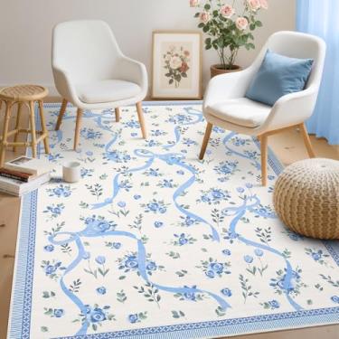 Imagem de GarveeHome Tapetes de laço floral para quarto de meninas, tapete para sala de estar com pelo baixo macio, tapete de área lavável azul para berçário, dormitório infantil, sala de jogos