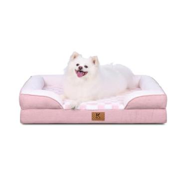 Imagem de KSIIA Cama ortopédica impermeável para cães idosos XXL com laterais, suporte extra grosso, capa de pelúcia macia e fundo antiderrapante, 130 x 101 cm, rosa