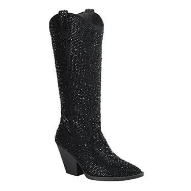 Imagem de ABSOLEX Botas de cano alto femininas caubói caubói bico fino strass, Preto, 8.5